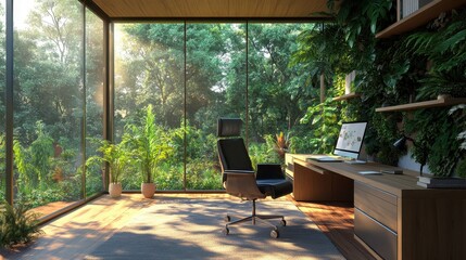 Sticker - Modern Office Interior Design With Green Wall And Forest View