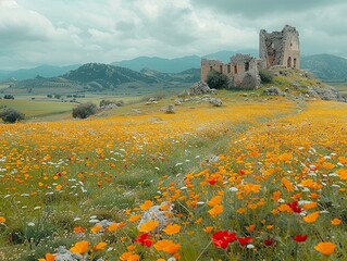 Wall Mural - Ruined Castle Amidst a Field of Yellow Flowers