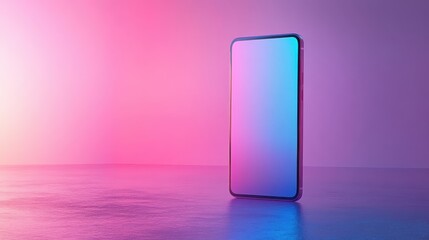 Wall Mural - Smartphone Mockup on Purple Gradient Background with Reflective Surface