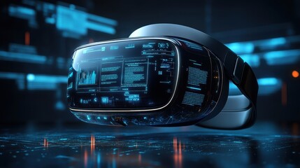 Canvas Print - Futuristic VR Headset with Holographic Interface and Digital Data