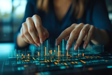 Poster - Hands manipulate a digital interface displaying colorful data visualizations in a contemporary workspace during afternoon light. Generative AI