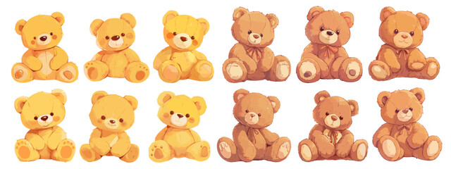 teddy bear. soft plush toy, child sitting fluffy animal cute brown yellow bow vector illustration se