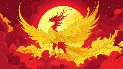 Canvas Print - Mythical Phoenix Bird Rising in Red Sky