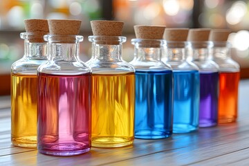 Poster - Glass bottles containing vibrant liquids in hues of pink, yellow, blue, and purple are neatly lined up on a table. Generative AI