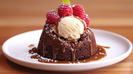 Wall Mural - Chocolate Lava Cake with Ice Cream  Caramel Sauce  and Raspberries