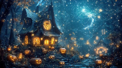 Wall Mural - Enchanting Halloween Cottage with Jack o Lanterns and Fairy Lights