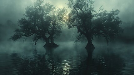 Wall Mural - Mysterious Foggy Lake with Trees