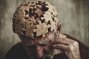 Poster - Portrait of an elderly man with a brain puzzle symbolizing the challenges of aging memory loss and the enduring struggle to piece together the past in a contemplative sepia toned style