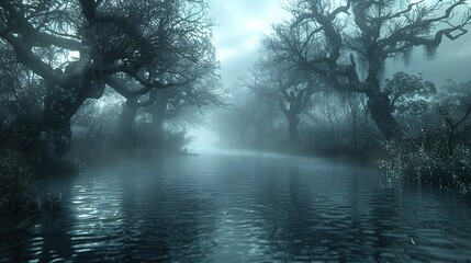 Wall Mural - Mysterious Foggy Forest River