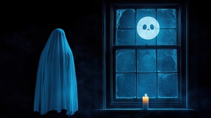 Poster - Spooky Ghost in a Haunted House with a Candle and a Full Moon