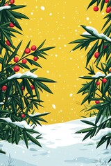 Wall Mural - Snow-Covered Branches with Red Berries and Yellow Background