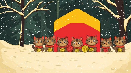 Wall Mural - Cute Cats Playing in the Snow with a Red and Yellow House in the Background