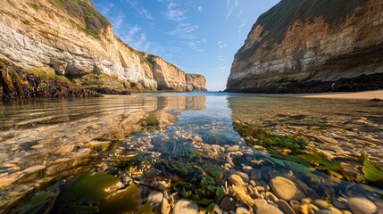 Sticker - Seaweed and Rocks in Calm Water Under Cliffs