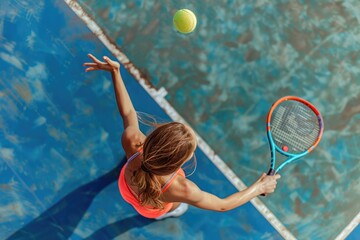 Wall Mural - Woman plays tennis on a tennis court with racket and ball, suitable for sports or leisure use