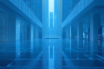 Poster - A sleek urban corridor showcases reflective glass structures under soft blue lighting during the early evening. Generative AI