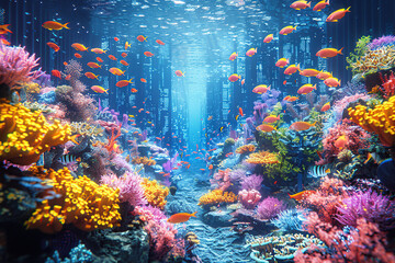 Sticker - Underwater Cityscape with Colorful Coral Reefs