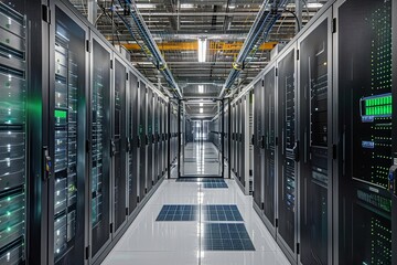 Poster - Rows of sleek servers illuminate the spacious data center, demonstrating advanced technology and efficient organization. Generative AI