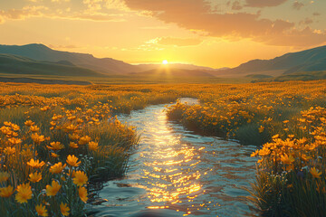 Poster - Sunset Over a River in a Field of Flowers