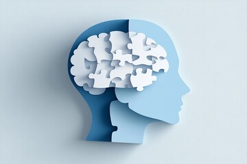 Sticker - Minimalist 3D rendering of a human head with puzzle pieces inside representing the complexities of the mind set against a soft blue background