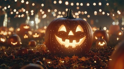 Sticker - Jack O Lantern with Festive Lights on Autumn Leaves