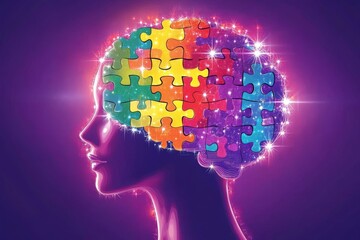 Poster - Colorful neon silhouette of a human head with glowing puzzle pieces symbolizing the vibrant and multifaceted nature of human thought and creativity set against a dark background