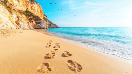 Poster - Sandy Beach with Footprints  Turquoise Ocean  Cliffs and Seagulls