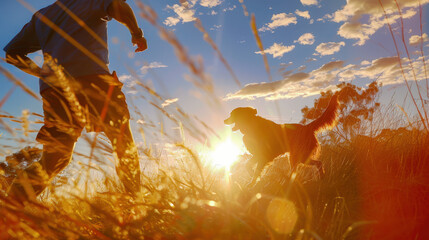 Wall Mural - A close-up view of a man running with his dog, man in profile with the dog slightly behind, sun shining from behind