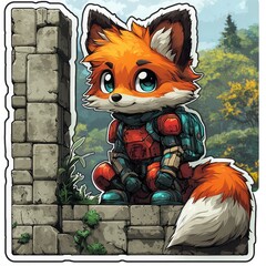 Sticker - Cute Fox in Futuristic Gear Sitting on a Stone Wall