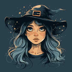 Wall Mural - Illustration of a beautiful witch in a hat on a grunge background.