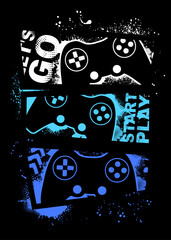 Aufkleber - Illustration print for t-shirt with game joystick. Vector illustration for boys. Grunge gamer design