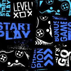 Aufkleber - Seamless abstract pattern with joystick game and graffiti words. Bright colorful  vector Print for boys.