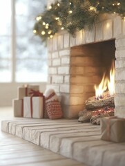 Poster - A cozy fireplace decorated with stockings and gifts, radiating warmth and holiday spirit on a chilly winter evening.