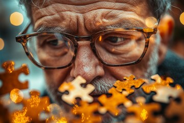 Canvas Print - Portrait of an elderly man contemplating puzzle pieces symbolizing the challenges of memory and the complexity of cognitive processes in aging