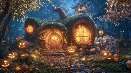 Sticker - Enchanting Pumpkin House in Autumn Forest with Jack o Lanterns