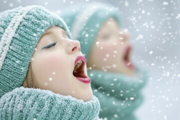 Poster - Christmas carolers singing joyfully in the gently falling snow, bringing warmth and happiness to the charming village during the festive season.