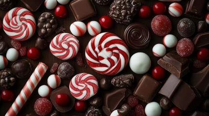 Wall Mural - assorted chocolates and peppermint candies on dark background for gourmet sweet treats