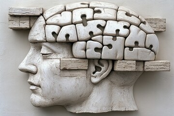 Canvas Print - Stone sculpture of a human profile with puzzle pieces forming the brain symbolizing the enduring complexity of thought and the challenges of mental processes