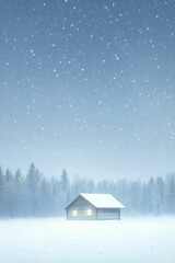 Poster - Festive lights sparkle on a charming cabin, tucked away in a peaceful snowy setting, creating a magical scene beneath the shimmering night sky.