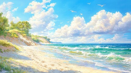 Wall Mural - Sunny Beach with Rolling Waves and Sailboats on the Horizon