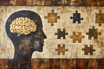 Wall Mural - Retro inspired illustration of a human head with puzzle pieces fitting into the brain symbolizing the complexity of thoughts and mental health