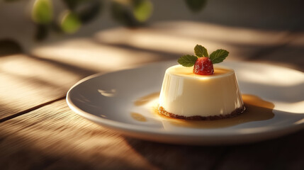 Wall Mural - Gourmet Vanilla Panna Cotta Dessert with Raspberry on White Plate