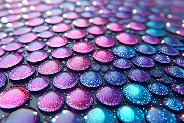 Poster - Droplets of water sparkle on a textured surface, showcasing vibrant purple and blue colors in a mesmerizing arrangement. Generative AI