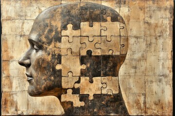 Canvas Print - A head made of puzzle pieces emphasizing the idea of piecing together thoughts memories and the complexity of the human mind