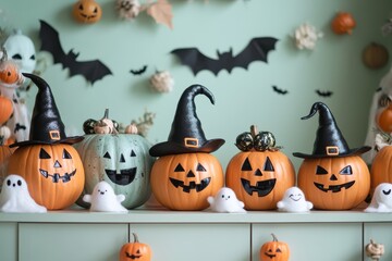 Wall Mural - A group of pumpkins with black hats and orange faces are lined up on a shelf