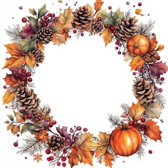 Watercolor Autumn Wreath with Pumpkins and Pinecones