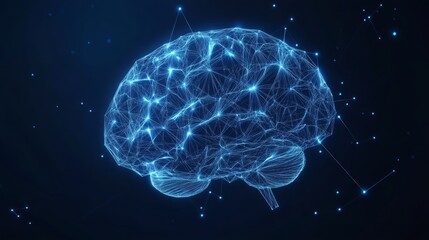 Poster - human brain. best idea concept. with dark blue background. low poly wireframe with lines, dots and g