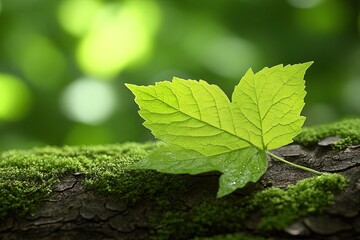 Poster - A vibrant green leaf lies delicately on a moss-covered log, illuminated by soft sunlight in a tranquil forest. Generative AI
