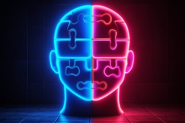 Sticker - Neon lit digital brain head with puzzle shapes representing the modern challenges of solving mental health puzzles in the era of technology