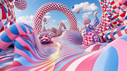 Poster - Abstract Colorful Striped and Checkered Shapes in a Dreamlike Landscape