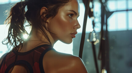 Wall Mural - A close-up view of a woman exercising with resistance cables, side profile, intense focus on the workout, captured from an eye